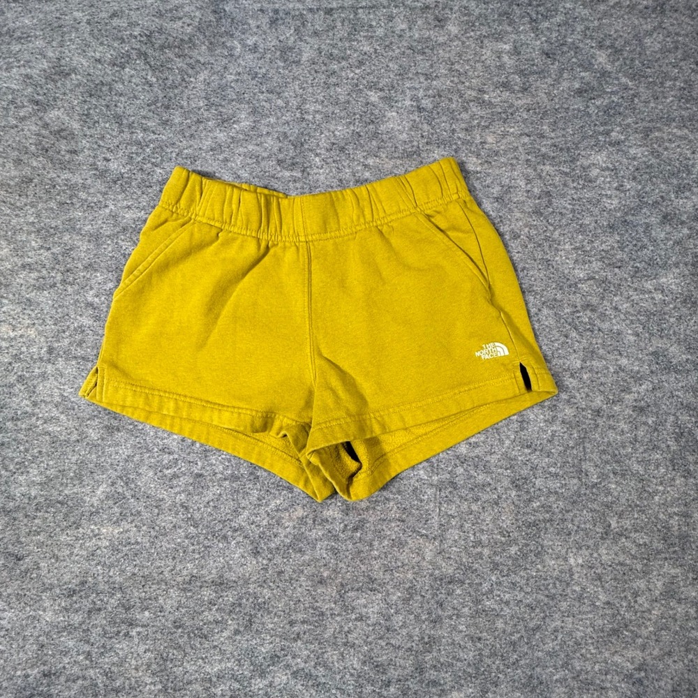 The North Face Fleece Sweat Shorts Womens S Yellow Logo Pockets Casual